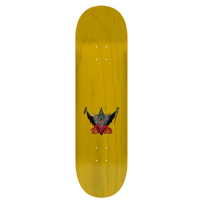 Yellow skateboard deck with a black and red graphic design on a white background