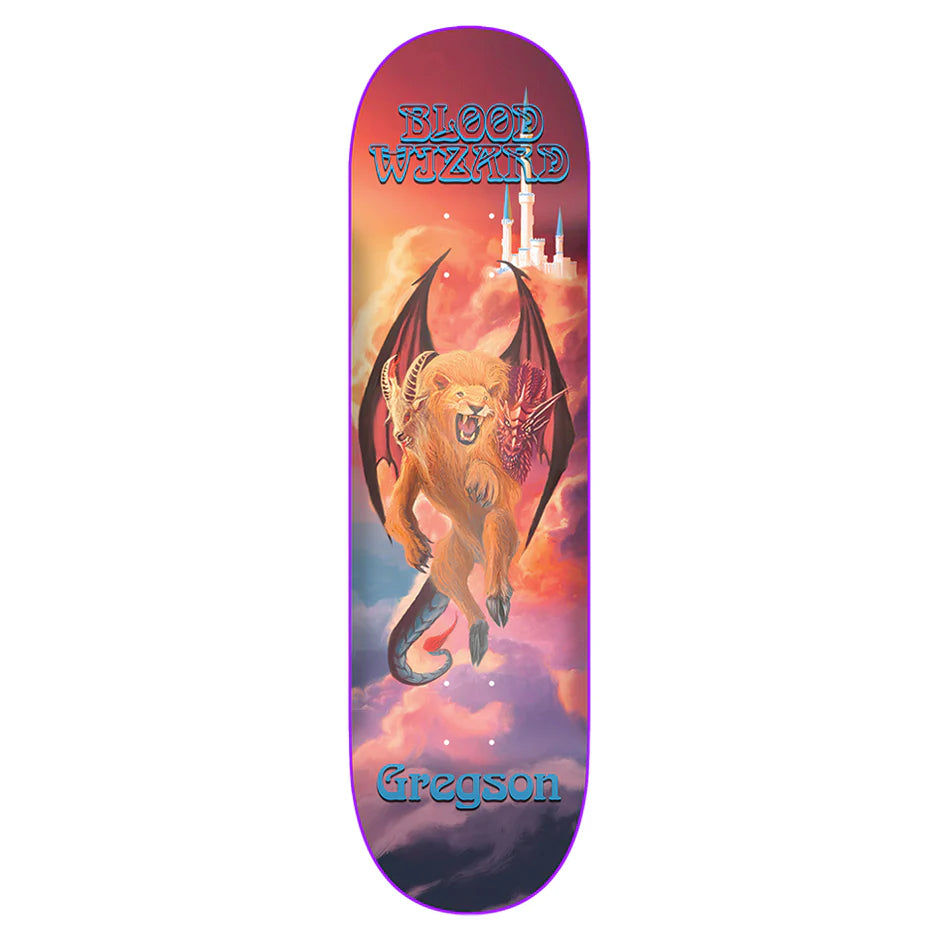 Skateboard deck with a fantasy design featuring a dragon and castle, branded 'Blood Wizard' and 'Gregson'.