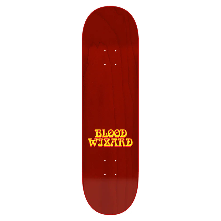 Red skateboard deck with 'BLOOD WIZARD' text on a white background