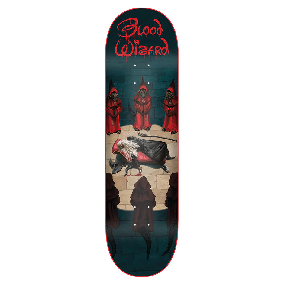 Skateboard deck with 'Blood of Wizard' design featuring hooded figures and a central figure on a white background.