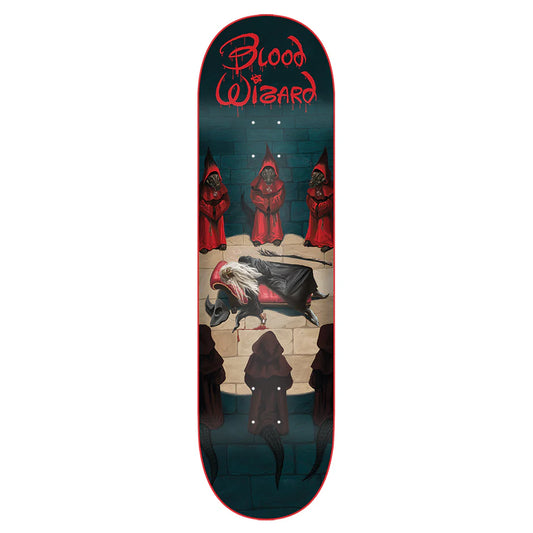Skateboard deck with 'Blood of Wizard' design featuring hooded figures and a central figure on a white background.