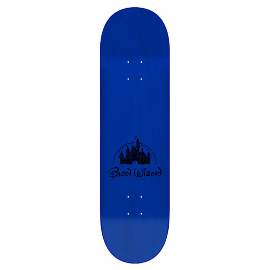 Blue skateboard deck with a black castle design and 'Blood Wizard' text on a white background