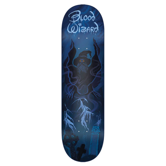 Skateboard deck with a wizard design and 'Blood of Wizard' text on a blue background
