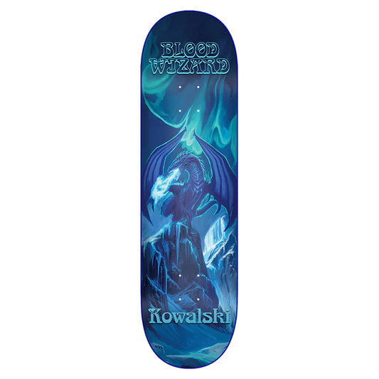 Skateboard deck with blue and purple design featuring a wizard and the brand 'Blood Wizard' on a white background.
