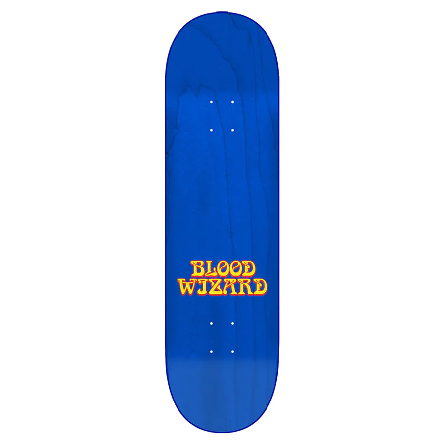 Blue skateboard deck with 'Blood Wizard' text on a white background