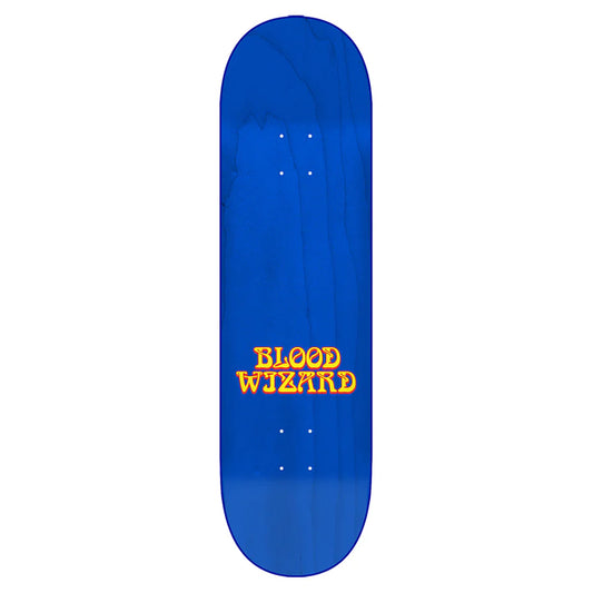 Blue skateboard deck with 'Blood Wizard' text on a white background