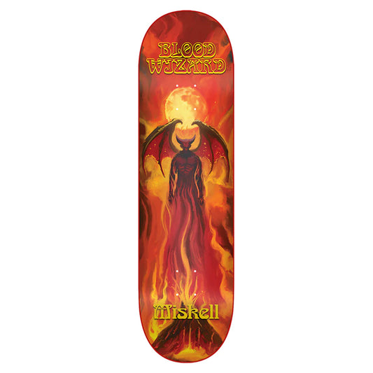 Skateboard deck with fiery design and 'Blood Wizard' branding on a white background