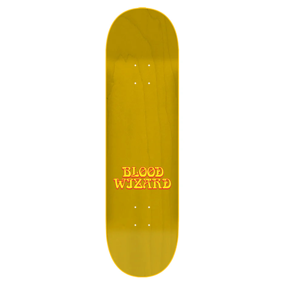 Yellow skateboard deck with 'Blood Wizard' text on a white background