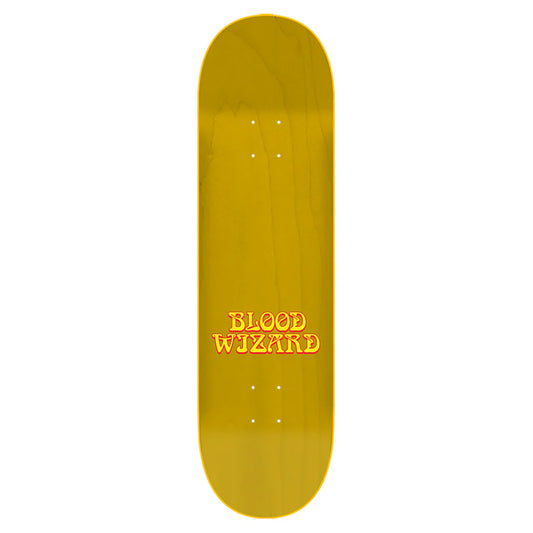 Yellow skateboard deck with 'Blood Wizard' text on a white background
