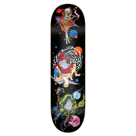 Skateboard deck with colorful artistic design on a black background