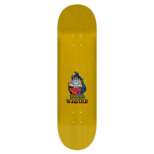Yellow skateboard deck with a 'Blood Wizard' graphic on a white background