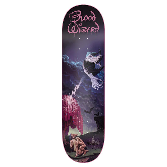 Skateboard deck with fantasy design and 'Blood of Wizard' branding on a white background