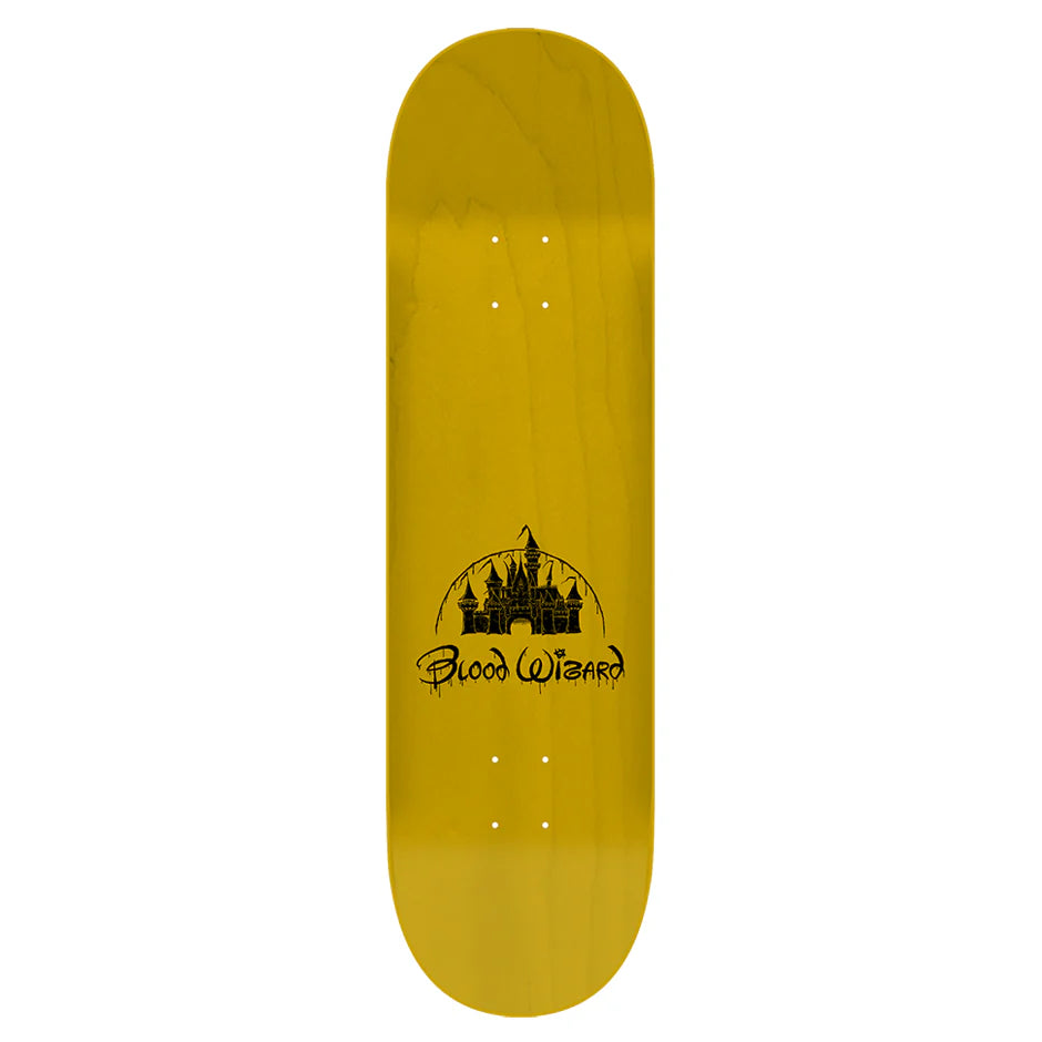 Yellow skateboard deck with black castle logo and 'Blood Wizard' text on a white background