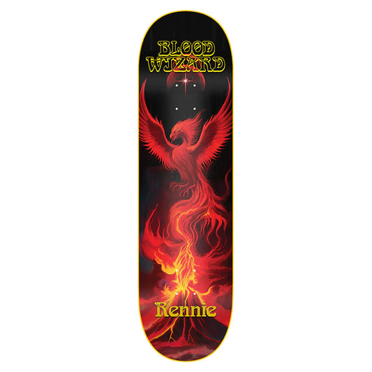 Skateboard deck with red phoenix design and 'Blood Wizard' branding on a black background