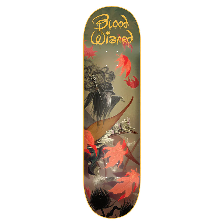 Skateboard deck with artistic design and 'Blood of Wizard' branding on a white background