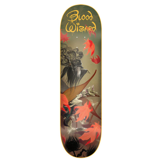 Skateboard deck with artistic design and 'Blood of Wizard' branding on a white background