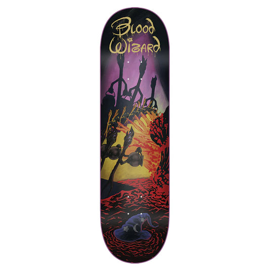 Skateboard deck with artistic design and 'Blood of Wizard' branding on a white background