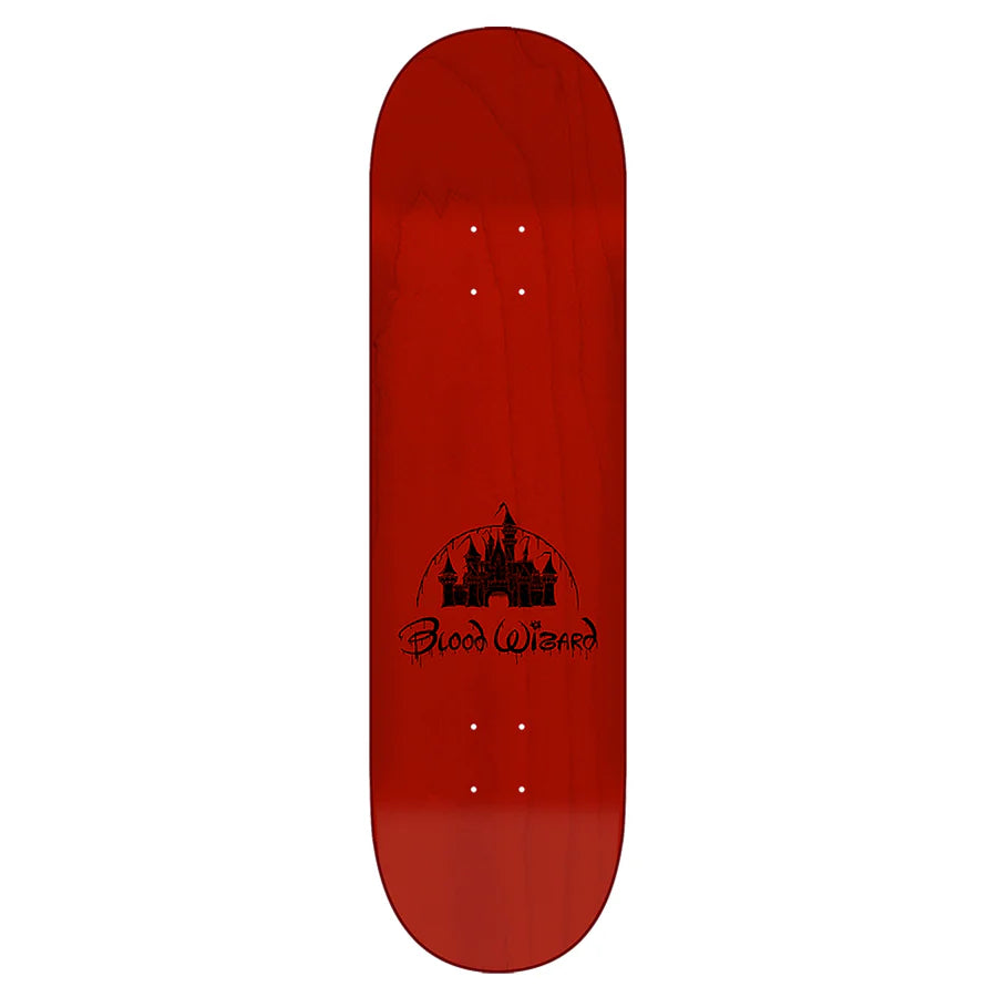 Red skateboard deck with a black castle design and 'Blood Wizard' text on a white background