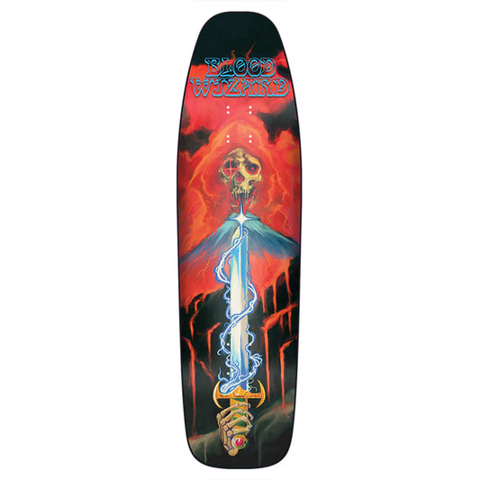 Skateboard deck with a colorful design featuring a sword and skull on a white background