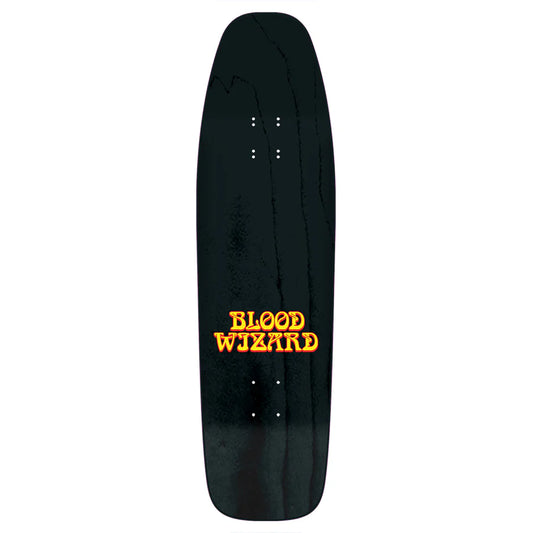 Black skateboard deck with 'Blood Wizard' text in yellow on a white background