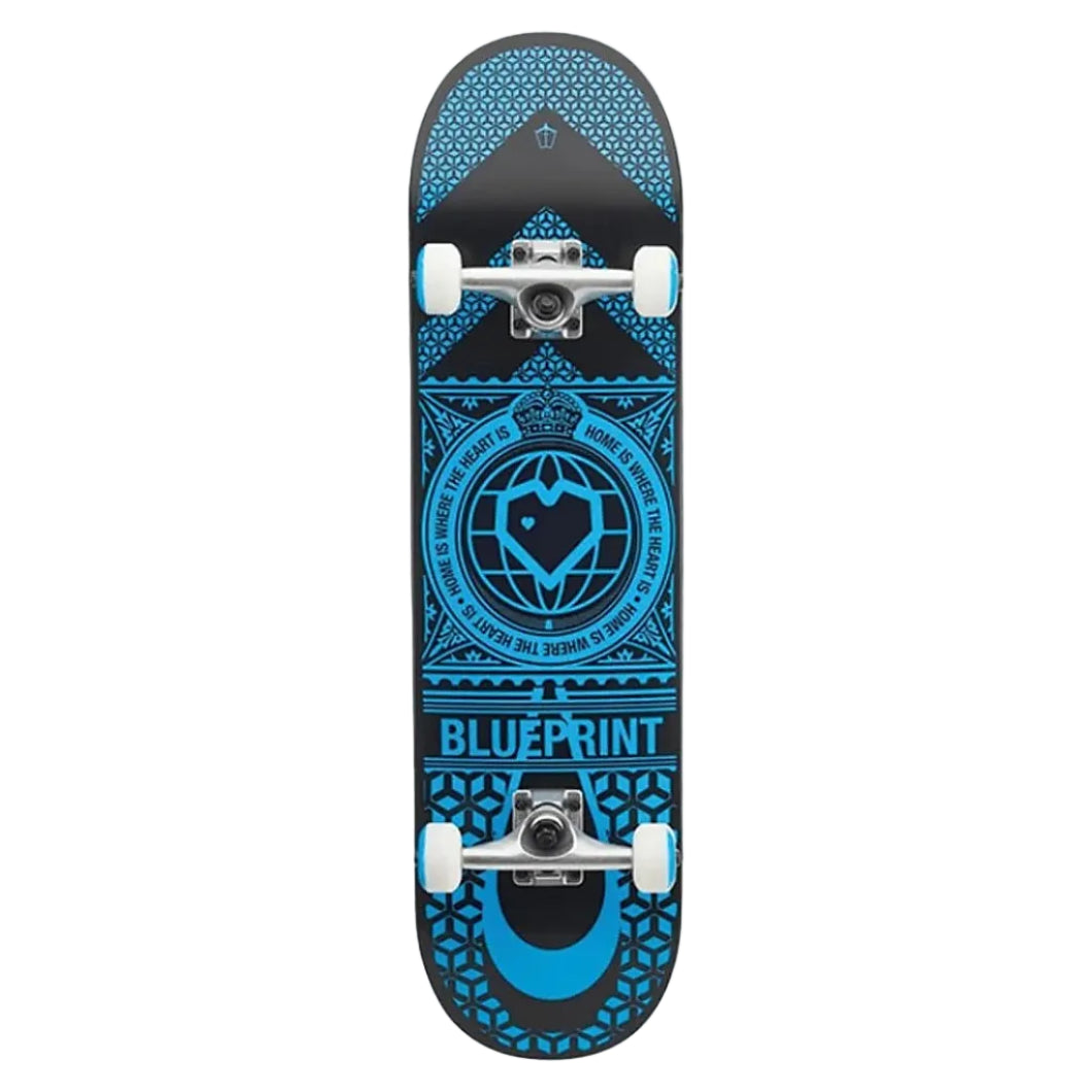 A skateboard deck shown from the underside, featuring a black background with intricate blue geometric patterns and a central globe-and-heart emblem. The word 'BLUEPRINT' is printed near the bottom, with white wheels and silver trucks visible.