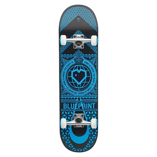 A skateboard deck shown from the underside, featuring a black background with intricate blue geometric patterns and a central globe-and-heart emblem. The word 'BLUEPRINT' is printed near the bottom, with white wheels and silver trucks visible.