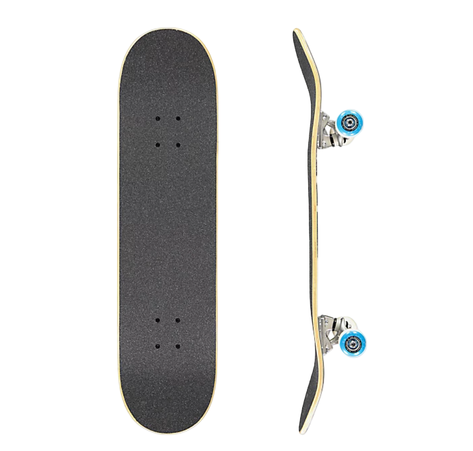 Skateboard deck with trucks and wheels on a white background