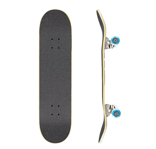 Skateboard deck with trucks and wheels on a white background