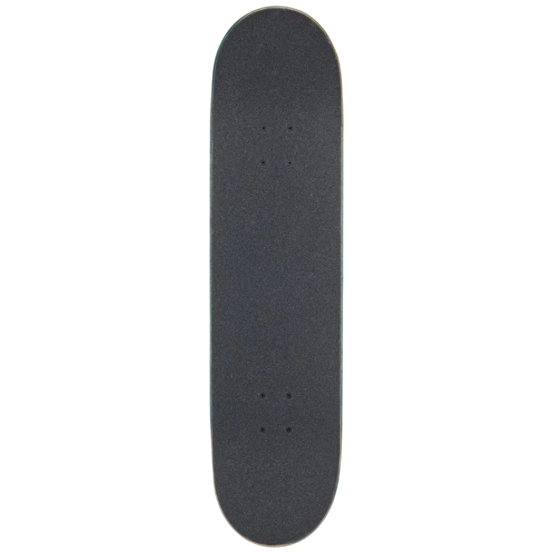 A skateboard deck shown from the top view, featuring a black grip tape surface with pre-drilled mounting holes, isolated on a solid white background.