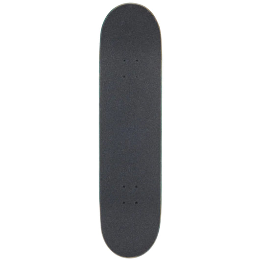 A skateboard deck shown from the top view, featuring a black grip tape surface with pre-drilled mounting holes, isolated on a solid white background.