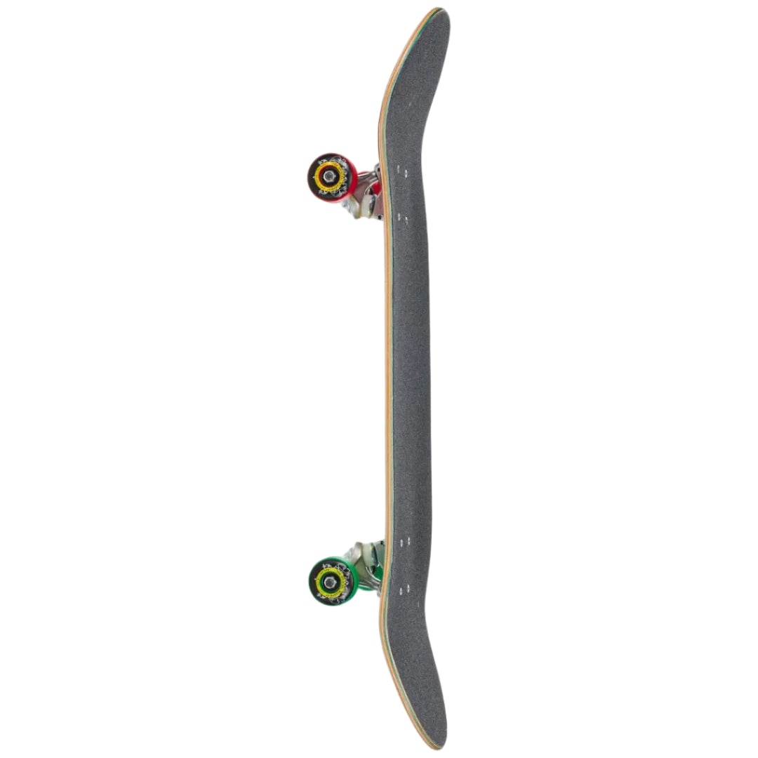 A skateboard shown vertically from the underside, featuring a dark gray grip tape deck, green and yellow wheels, and white trucks, isolated on a white background.