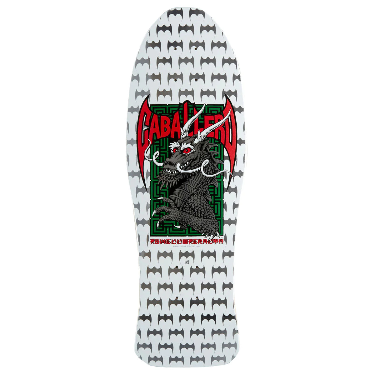 Skateboard deck with dragon design and Cabal logo on a white background