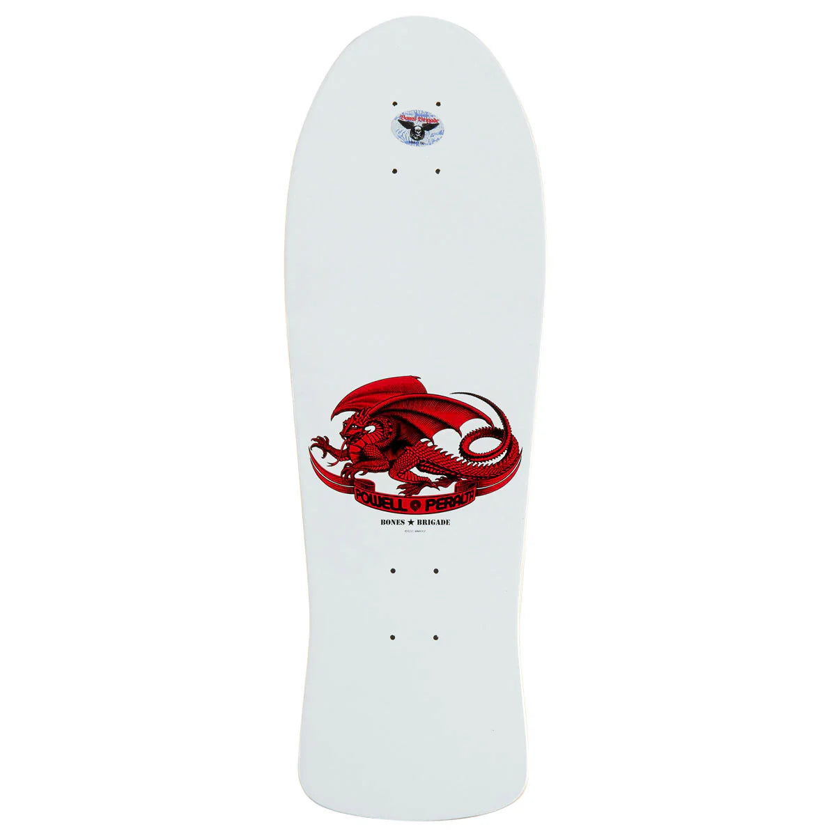 White skateboard deck with red and black graphic design on a white background
