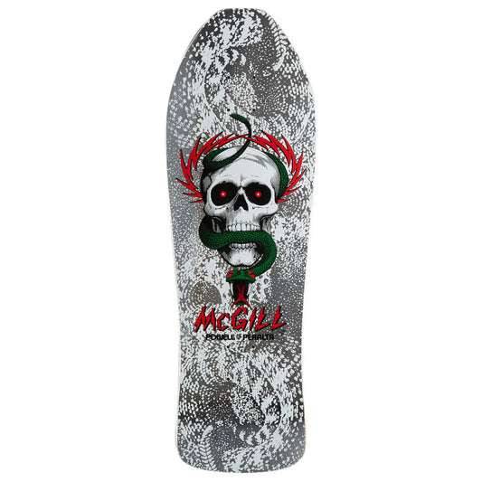 Skateboard deck with a skull and snake design on a white background