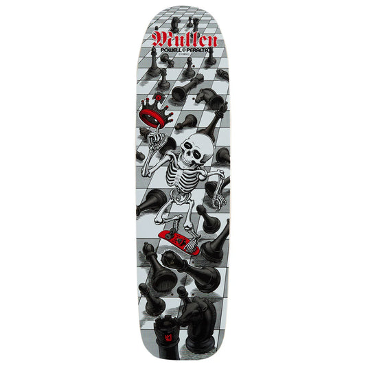 Skateboard deck with a skeleton and chess piece design on a checkered background, featuring the brand 'Wullen'.