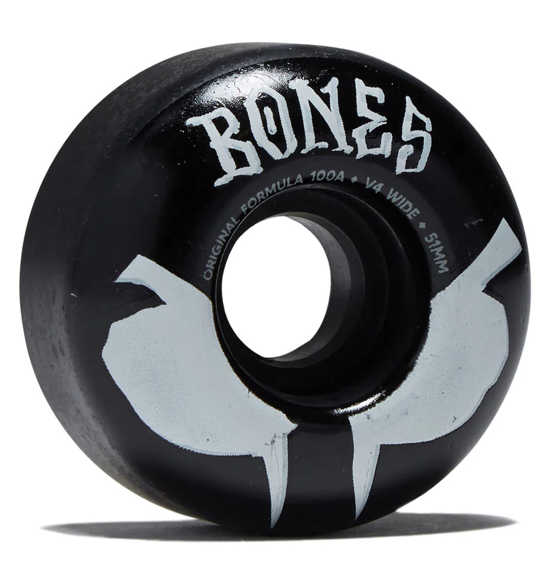 Black skateboard wheel with 'Bones' branding on a white background