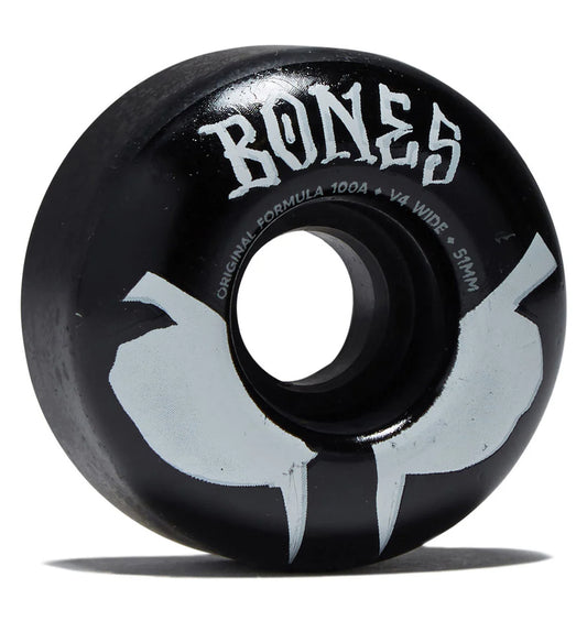 Black skateboard wheel with 'Bones' branding on a white background