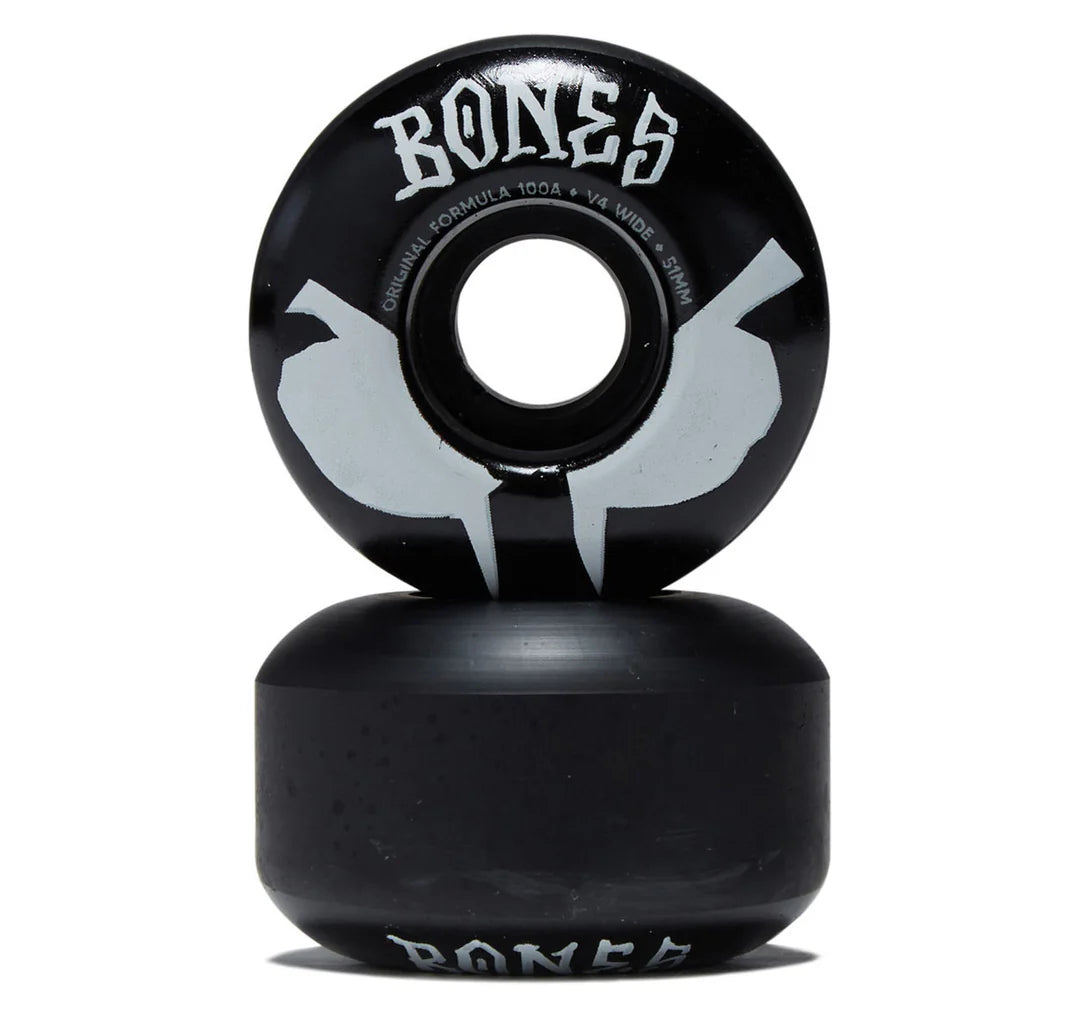 Black skateboard wheel with 'Bones' branding on a white background