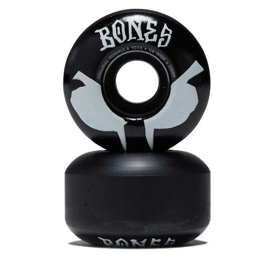 Black skateboard wheel with 'Bones' branding on a white background