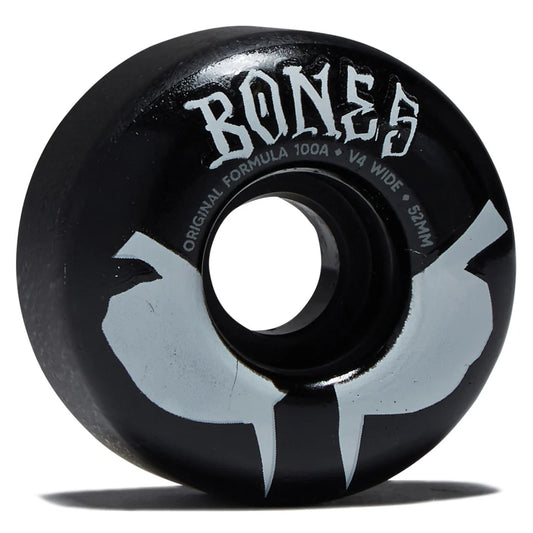 Black skateboard wheel with 'Bones' branding on a white background