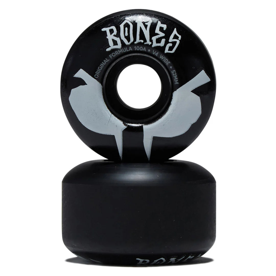 Black skateboard wheel with 'Bones' branding on a white background