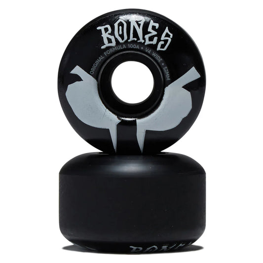 Black skateboard wheel with 'Bones' branding on a white background