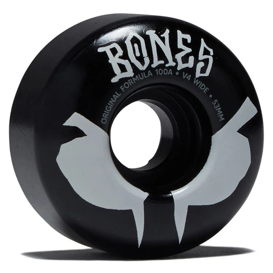 Black skateboard wheel with 'Bones' branding on a white background