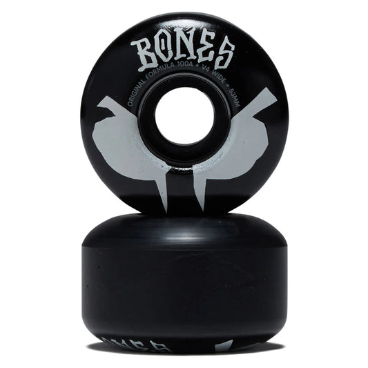 Black skateboard wheels with 'Bones' branding on a white background
