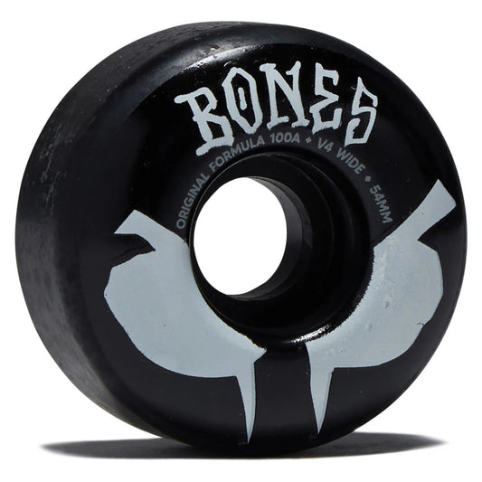 Black skateboard wheel with 'Bones' branding on a white background