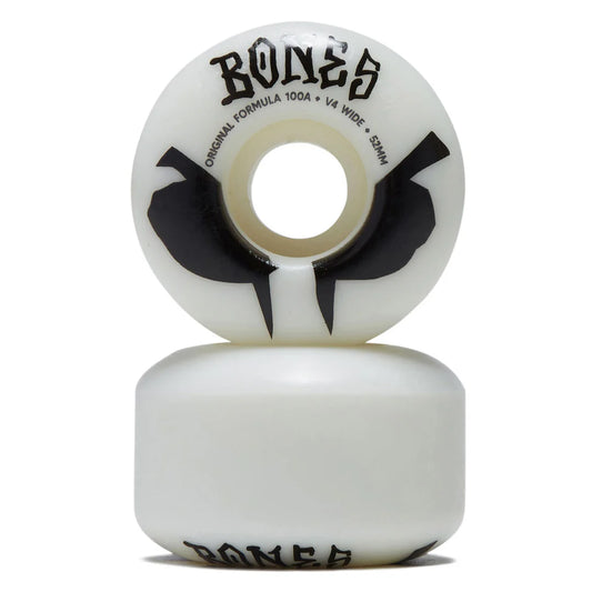 Two white skateboard wheels with black and gray accents and 'Bones' branding on a white background.