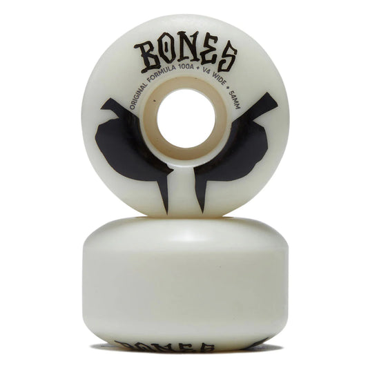 Two white skateboard wheels with black text and design on a white background