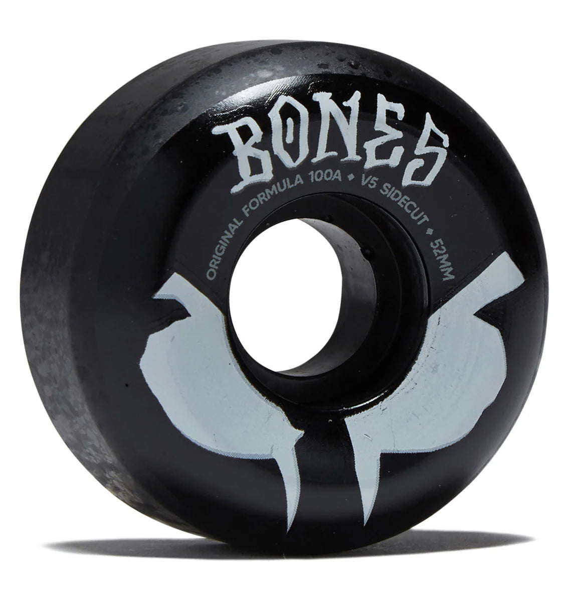 Black skateboard wheel with 'Bones' branding on a white background
