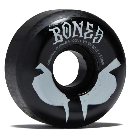 Black skateboard wheel with 'Bones' branding on a white background