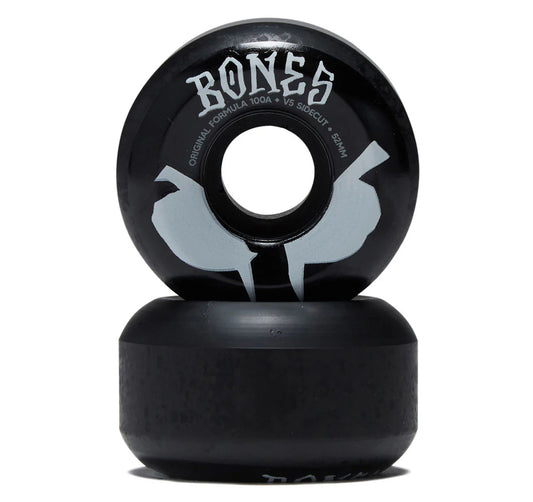 Black skateboard wheels with 'Bones' branding on a white background
